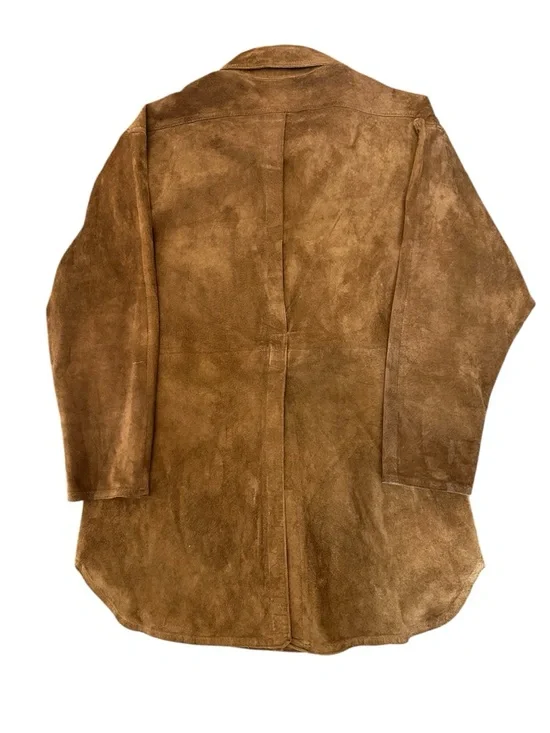 Brown Suede Coat Jacket M Button Down Collar Vtg La Vogue Leather Extra Long Tan - Picture 4 of 7
